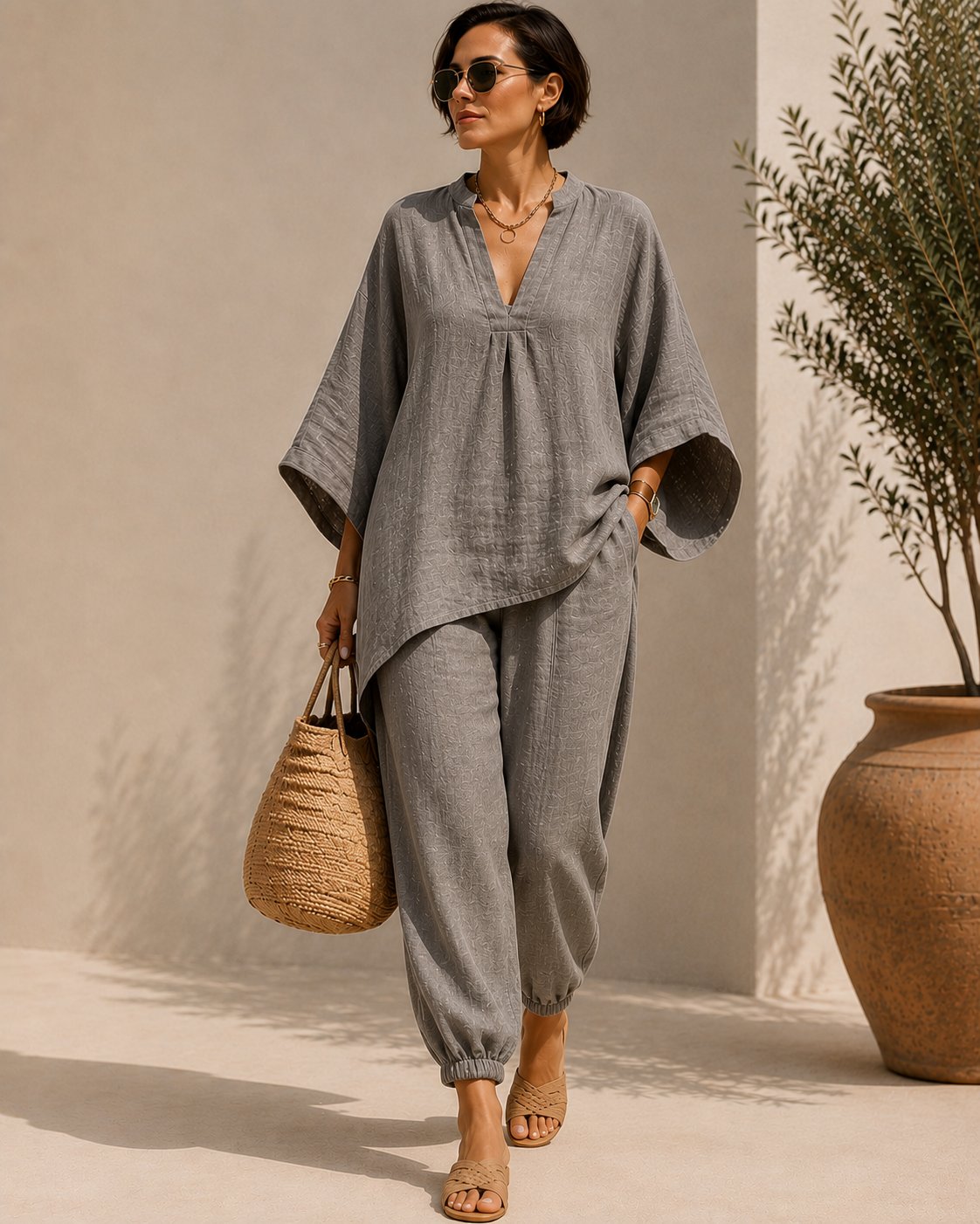 🔥LAST DAY 57% OFF - Plus Size Linen Blend V-Neck Relaxed Sleeve 2-Piece Set 💕 Flattering On Every Body 🌟 Buy 2 Free Shipping!