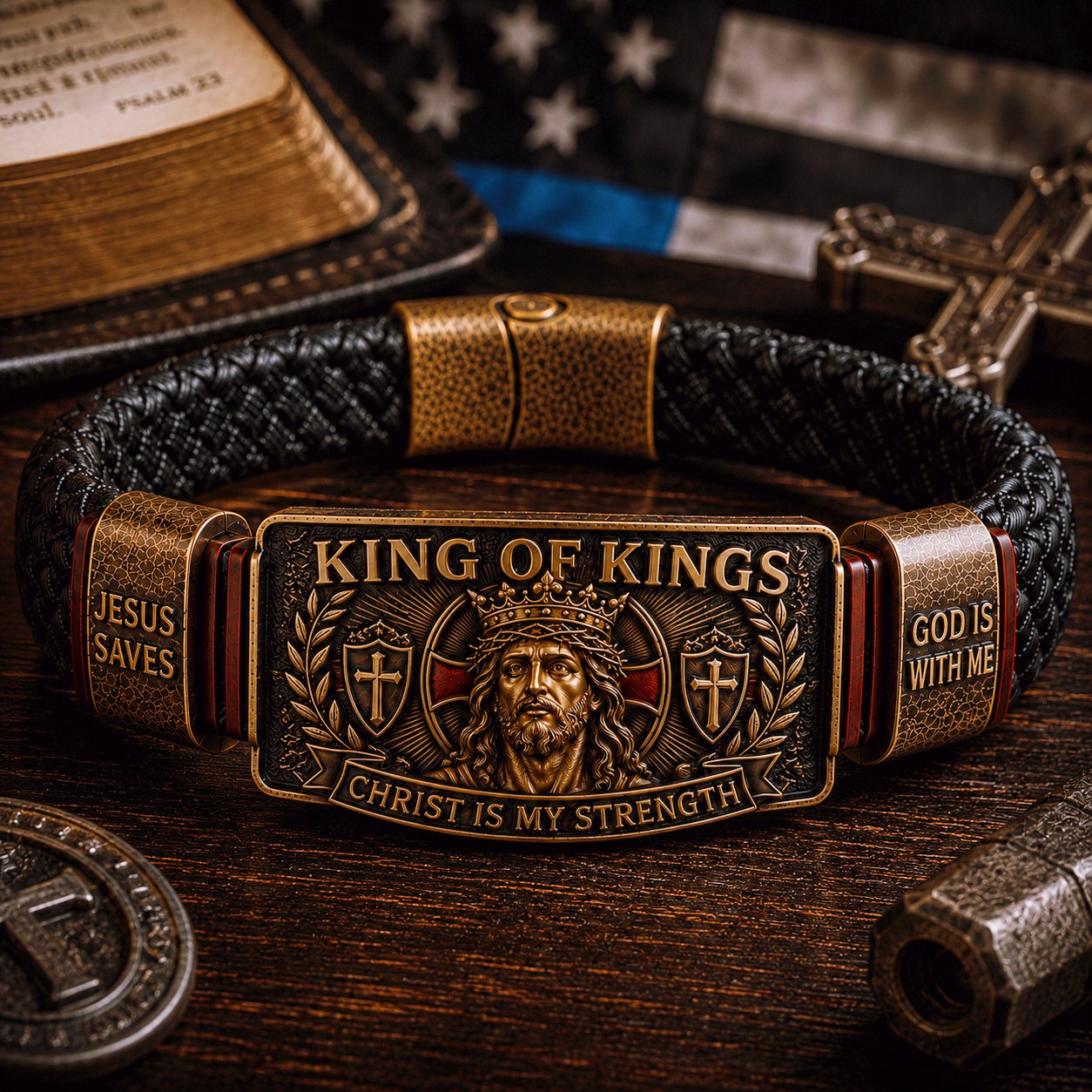 🔥 LAST DAY 50% OFF – ✝️3D Engraved Christ Is My Strength Bracelet, Faith-Forged Metal & Braided Band, Spiritual Reminder for Christian Dads