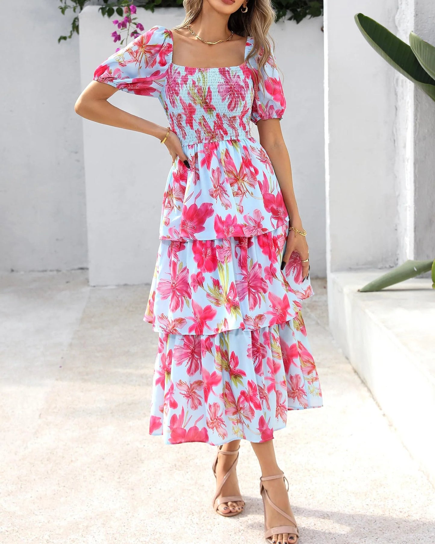 💃Women's Floral Square Neck Puff Short Sleeve Smocked Tiered Dress