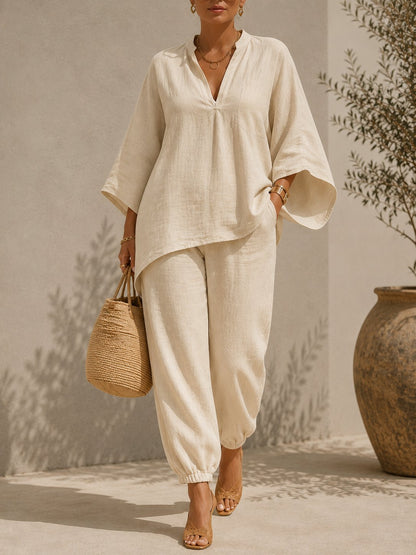 🔥LAST DAY 57% OFF -  Plus Size Linen Blend V-Neck Relaxed Sleeve 2-Piece Set 💕 Flattering On Every Body 🌟 Buy 2 Free Shipping!
