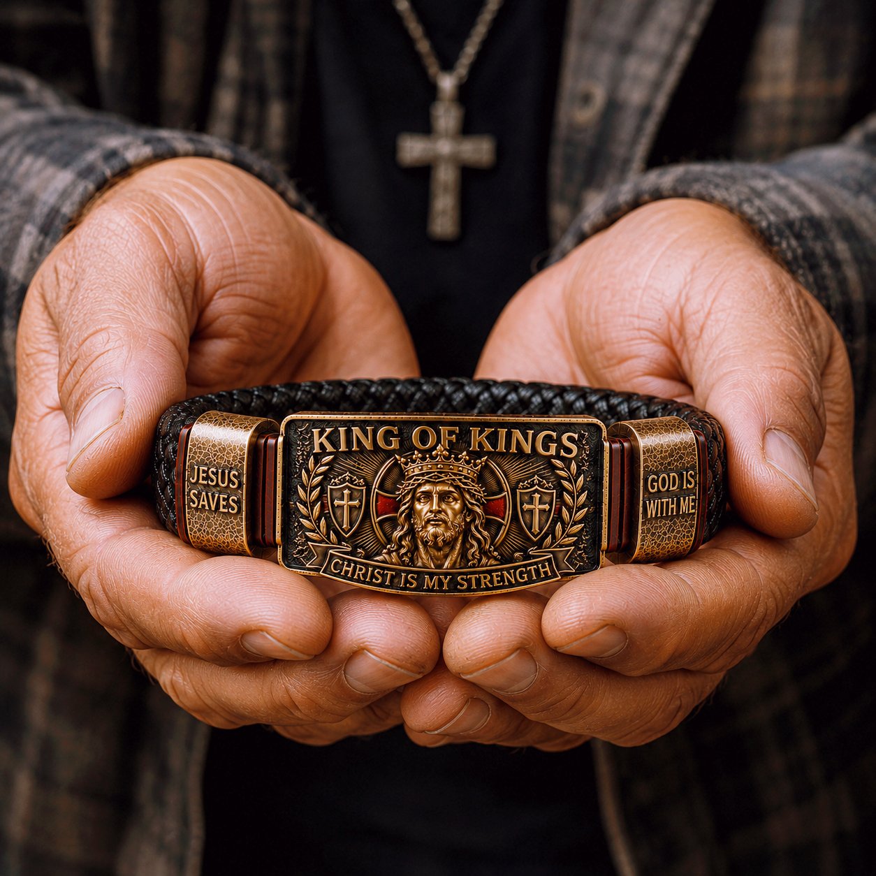 🔥 LAST DAY 50% OFF – ✝️3D Engraved Christ Is My Strength Bracelet, Faith-Forged Metal & Braided Band, Spiritual Reminder for Christian Dads