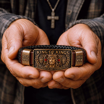 🔥 LAST DAY 50% OFF – ✝️3D Engraved Christ Is My Strength Bracelet, Faith-Forged Metal & Braided Band, Spiritual Reminder for Christian Dads
