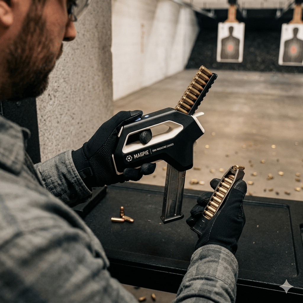 Automatic handheld 9mm magazine loader