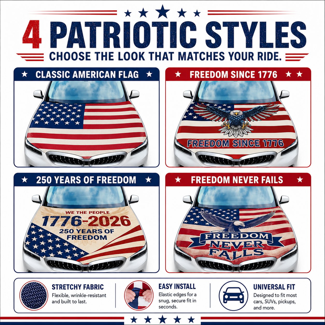 🇺🇸 Universal American Hood Flag Cover 🔥 Secure Buckle Design for Stable Highway Driving 🦅 Fits Most Cars, SUVs & Pickups[Buy 2 Free Shipping]
