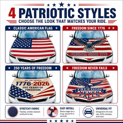 🇺🇸 Universal American Hood Flag Cover 🔥 Secure Buckle Design for Stable Highway Driving 🦅 Fits Most Cars, SUVs & Pickups[Buy 2 Free Shipping]