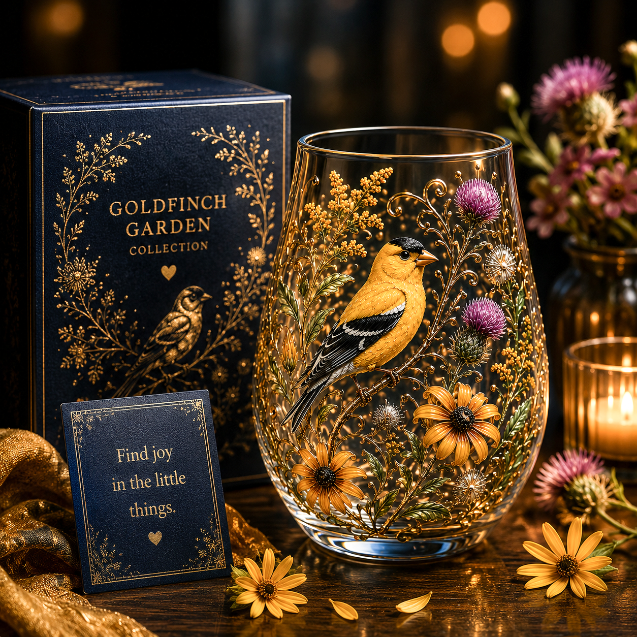 Handcrafted Bird & Floral Art Glass Tumbler