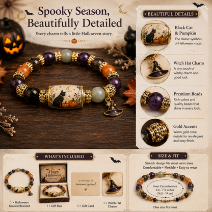 Limited Edition 2026 Halloween Black Cat Pumpkin Beaded Bracelet Gift Set