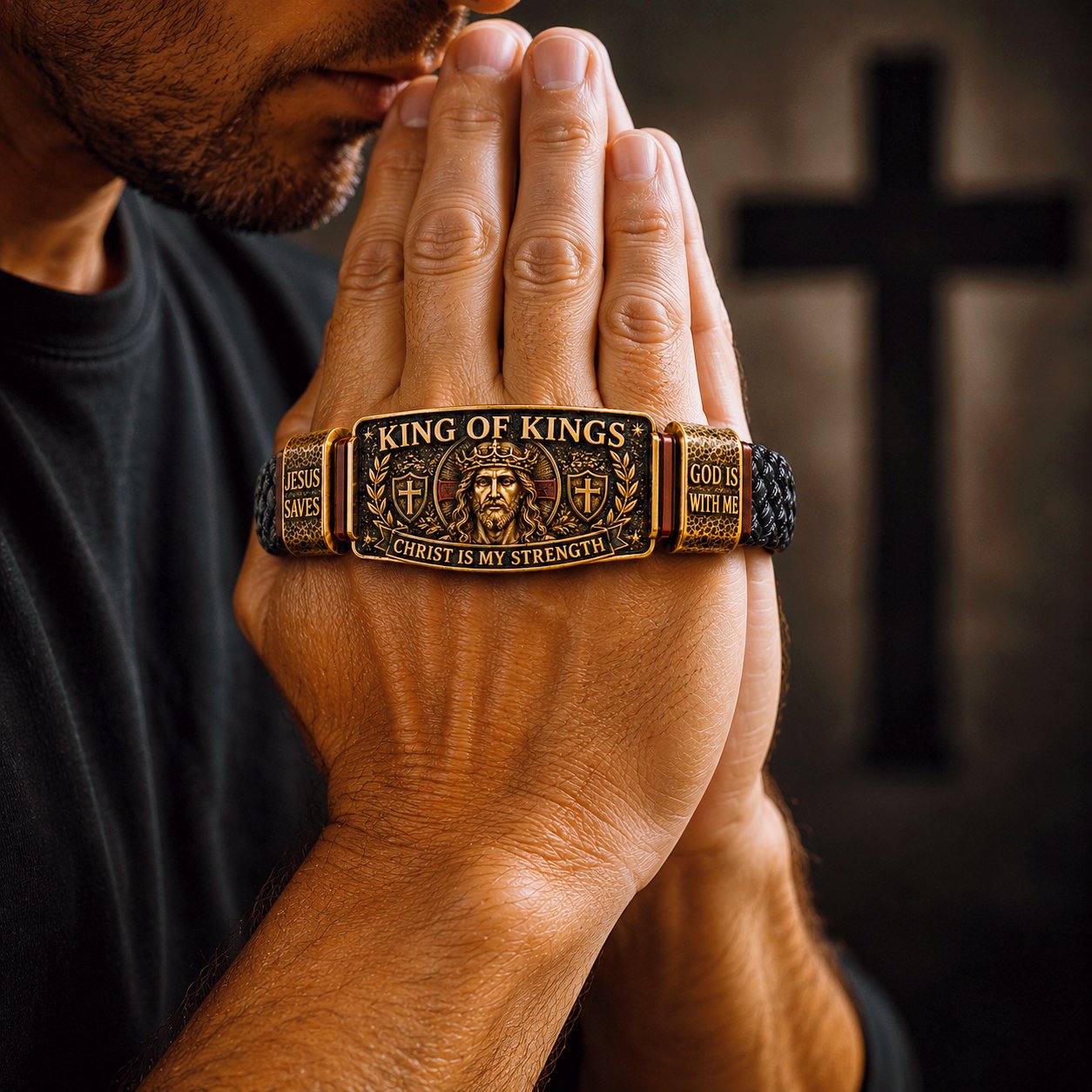 🔥 LAST DAY 50% OFF – ✝️3D Engraved Christ Is My Strength Bracelet, Faith-Forged Metal & Braided Band, Spiritual Reminder for Christian Dads