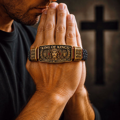 🔥 LAST DAY 50% OFF – ✝️3D Engraved Christ Is My Strength Bracelet, Faith-Forged Metal & Braided Band, Spiritual Reminder for Christian Dads