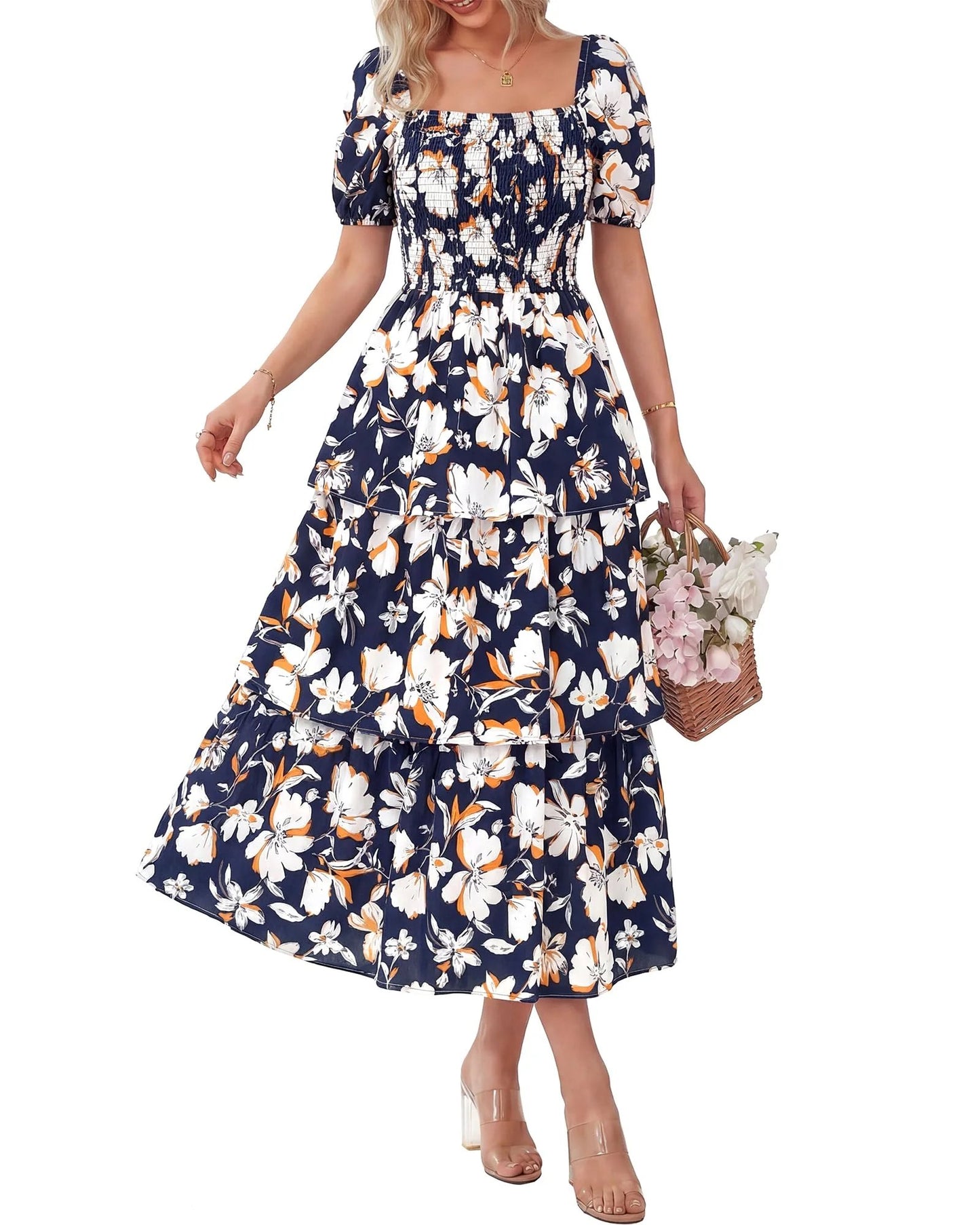 💃Women's Floral Square Neck Puff Short Sleeve Smocked Tiered Dress