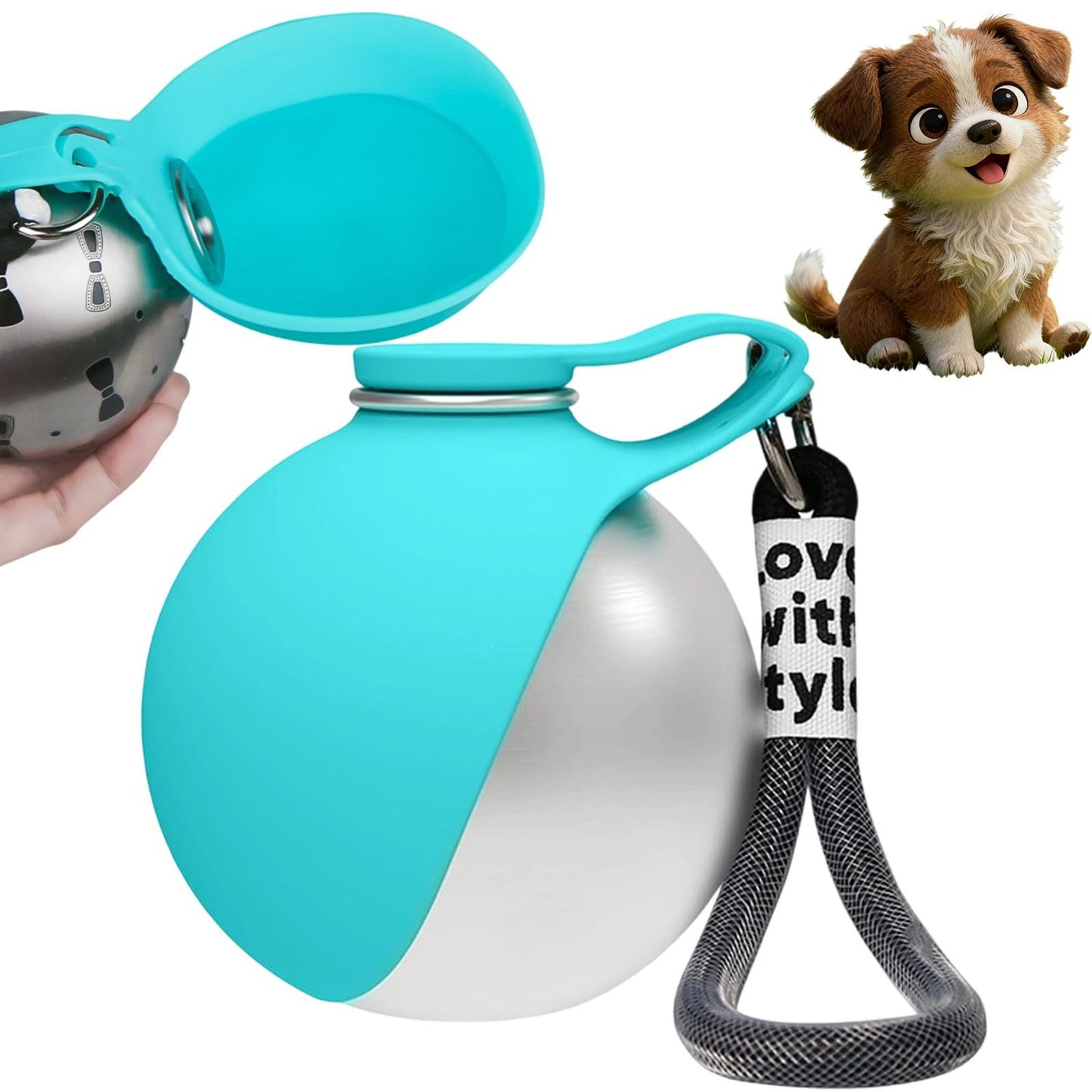 Portable Dog Water Bottle for Walking & Travel - 2-in-1 Stainless Steel Dog Travel Water Bottle with Foldable Silicone Bowl - Leak-Proof, Lightweight Water Bottle for Dogs, Puppies & Pets
