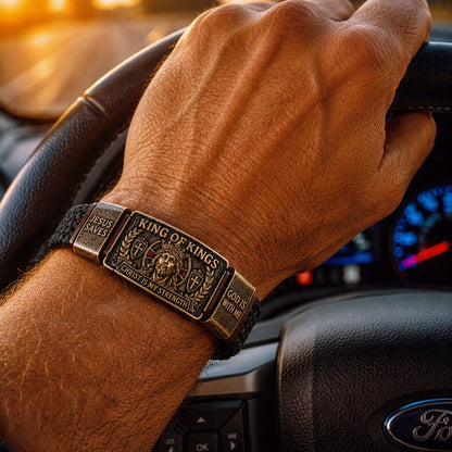 🔥 LAST DAY 50% OFF – ✝️3D Engraved Christ Is My Strength Bracelet, Faith-Forged Metal & Braided Band, Spiritual Reminder for Christian Dads