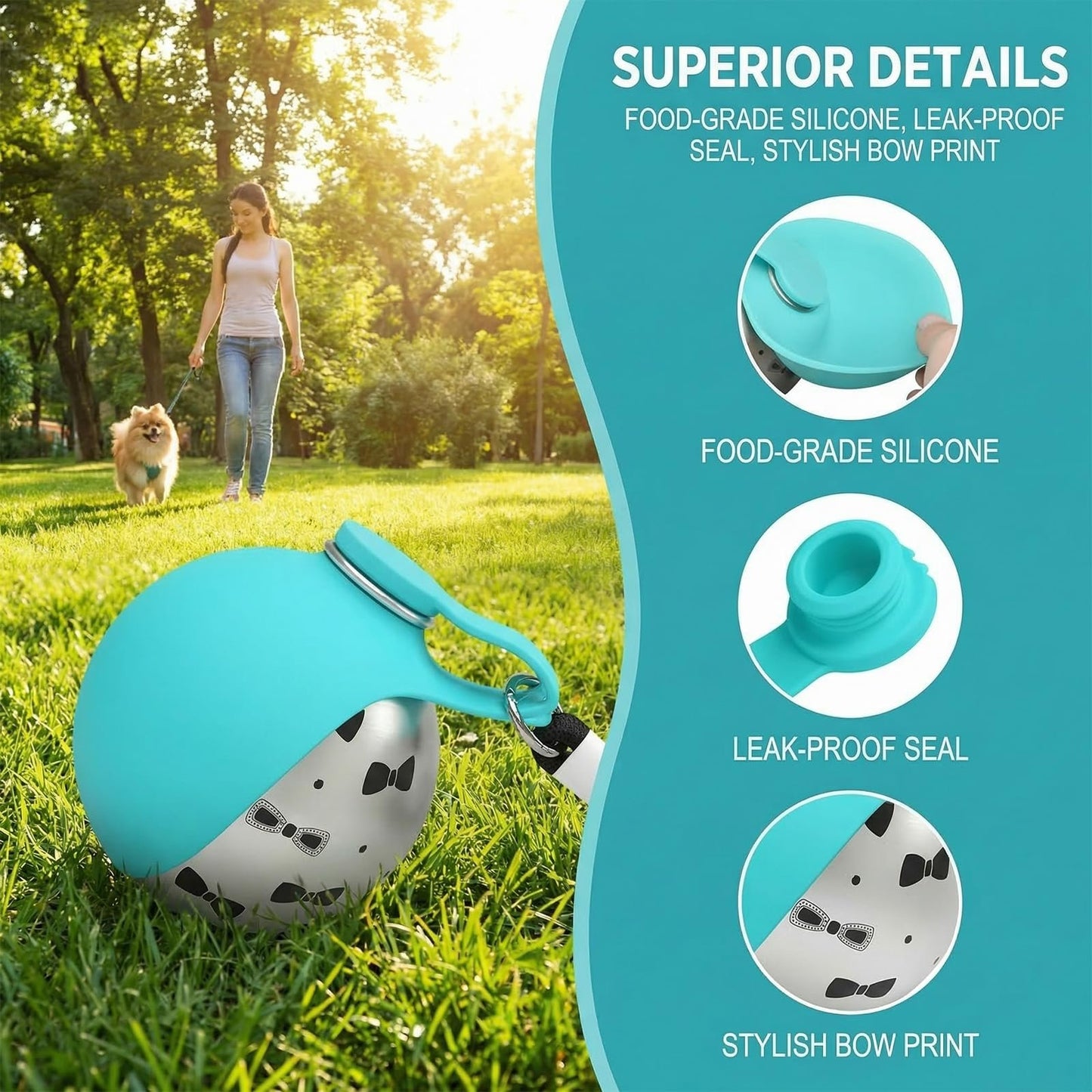 Portable Dog Water Bottle for Walking & Travel - 2-in-1 Stainless Steel Dog Travel Water Bottle with Foldable Silicone Bowl - Leak-Proof, Lightweight Water Bottle for Dogs, Puppies & Pets