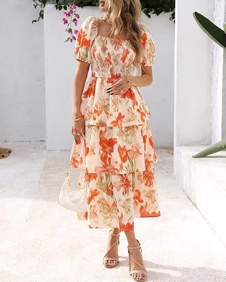💃Women's Floral Square Neck Puff Short Sleeve Smocked Tiered Dress