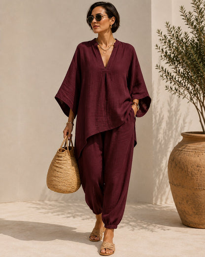 🔥LAST DAY 57% OFF -  Plus Size Linen Blend V-Neck Relaxed Sleeve 2-Piece Set 💕 Flattering On Every Body 🌟 Buy 2 Free Shipping!