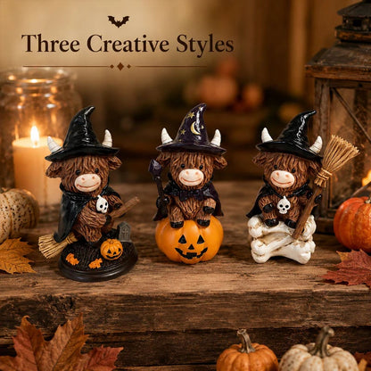 Halloween Highland Cow Witch Ornament – Spooky-Cute Tabletop Decor for Mantel, Shelf & Candy Station