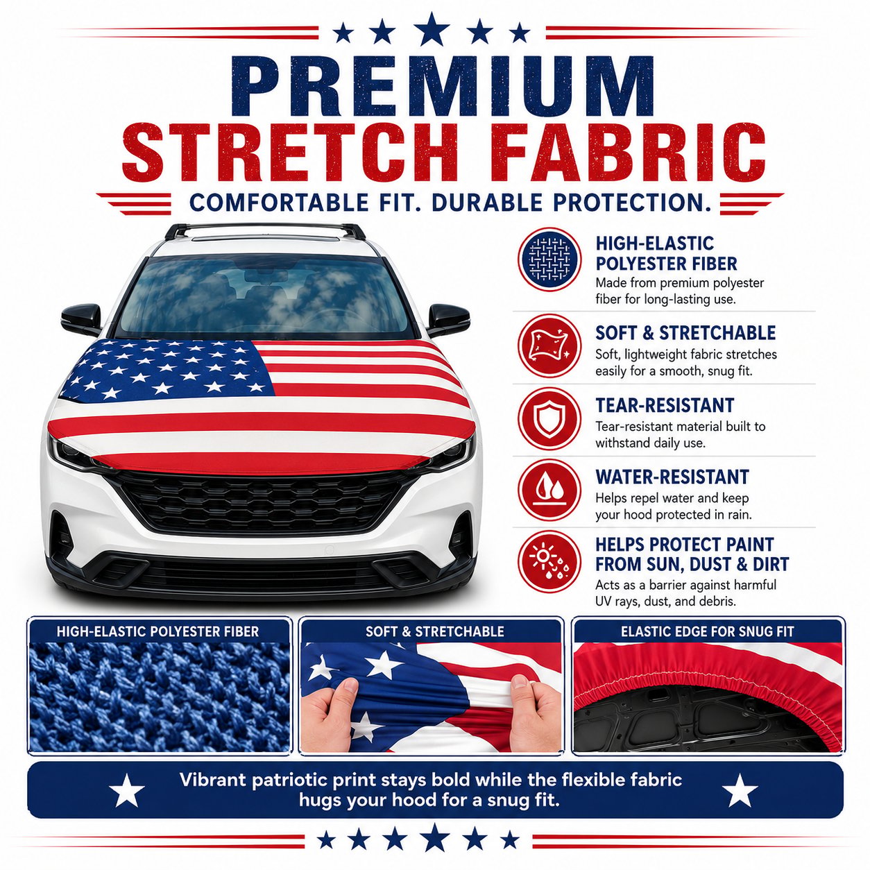 🇺🇸 Universal American Hood Flag Cover 🔥 Secure Buckle Design for Stable Highway Driving 🦅 Fits Most Cars, SUVs & Pickups[Buy 2 Free Shipping]