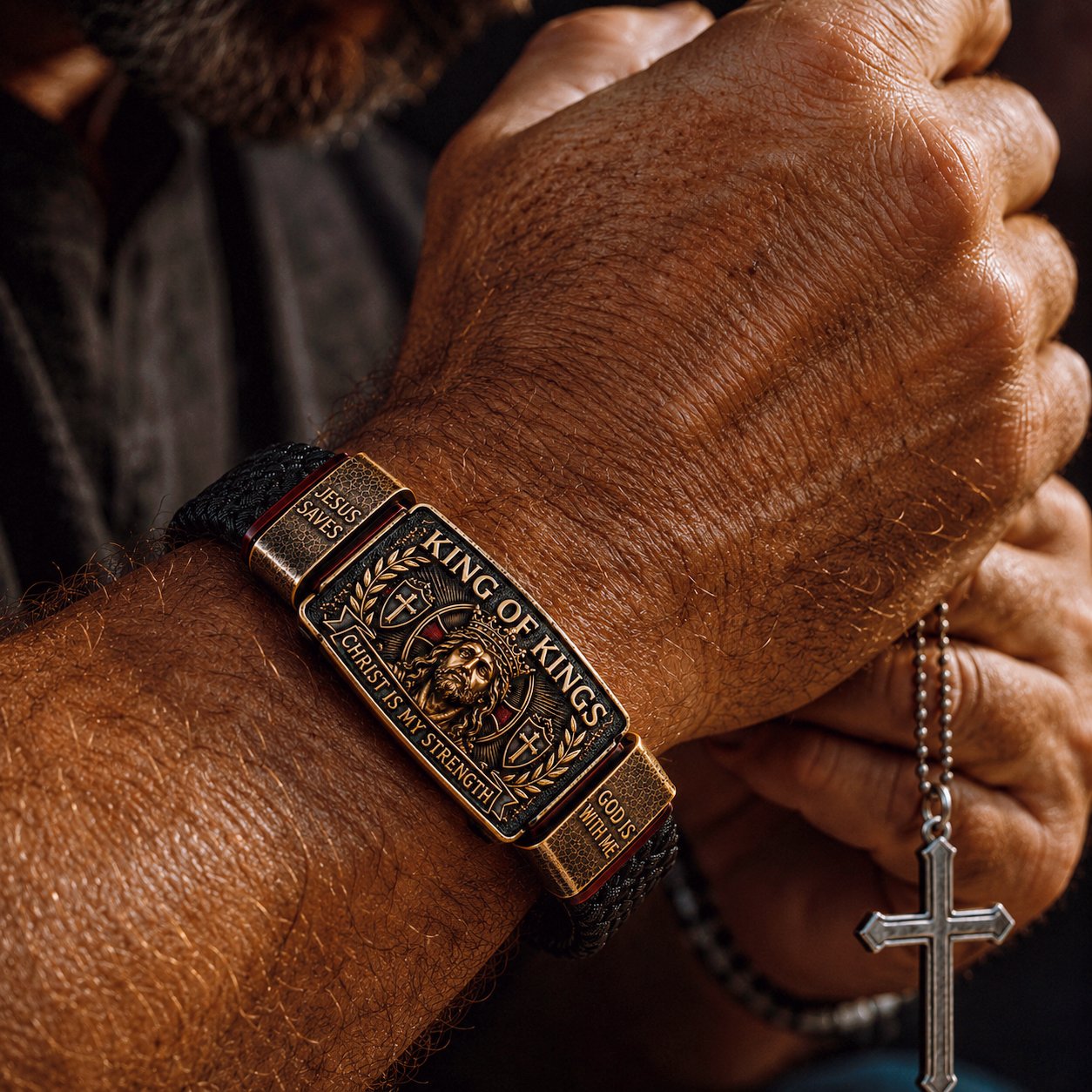 🔥 LAST DAY 50% OFF – ✝️3D Engraved Christ Is My Strength Bracelet, Faith-Forged Metal & Braided Band, Spiritual Reminder for Christian Dads
