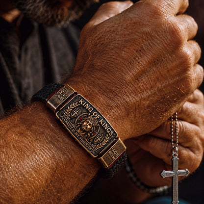 🔥 LAST DAY 50% OFF – ✝️3D Engraved Christ Is My Strength Bracelet, Faith-Forged Metal & Braided Band, Spiritual Reminder for Christian Dads