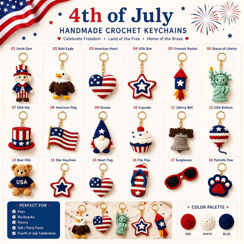 4th of July Crochet Keychains Set, Patriotic Amigurumi Keychain, USA Independence Day Gift, Back to School, Handmade Backpack Charm