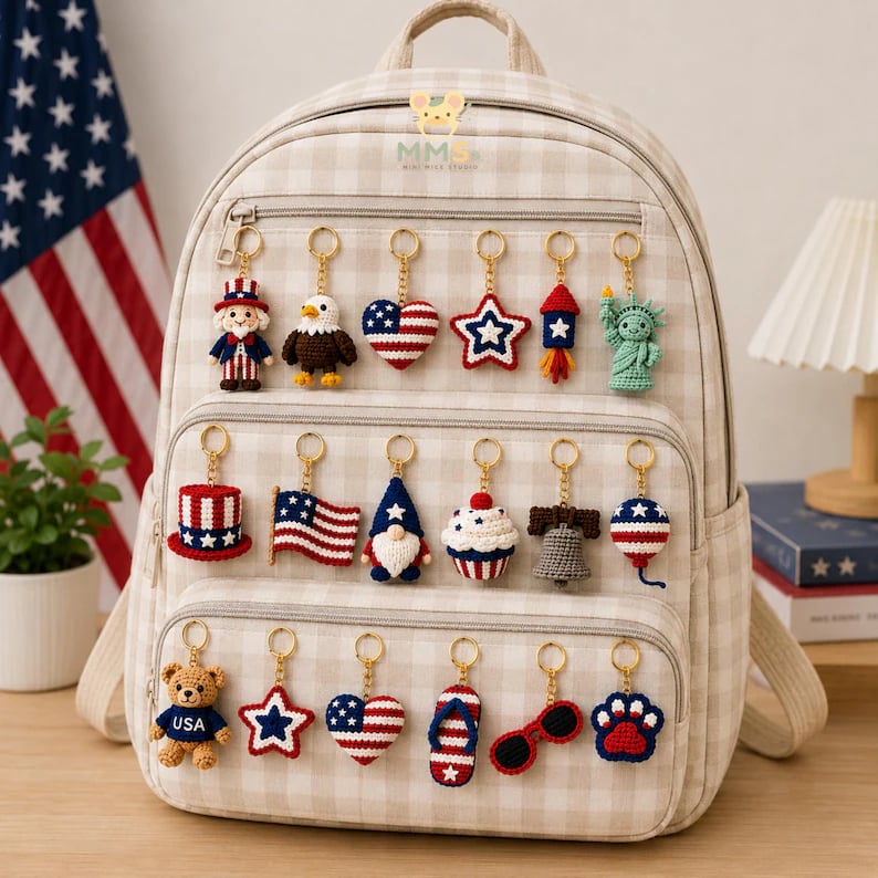 4th of July Crochet Keychains Set, Patriotic Amigurumi Keychain, USA Independence Day Gift, Back to School, Handmade Backpack Charm