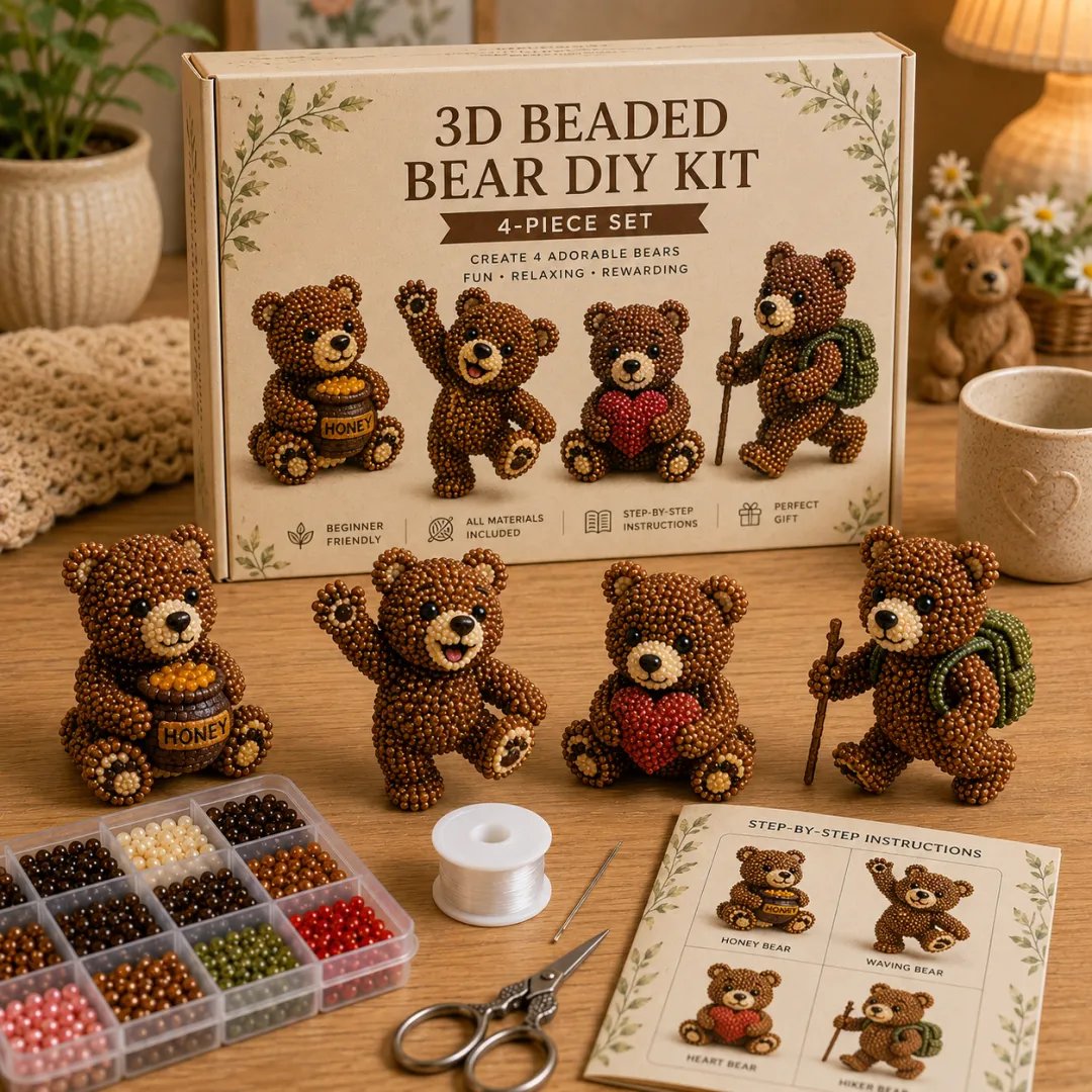 3D Beaded Bear DIY Kit – 4-Piece Handmade Bear Craft Set