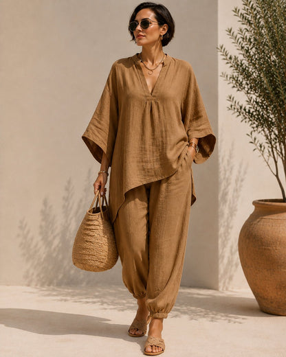 🔥LAST DAY 57% OFF -  Plus Size Linen Blend V-Neck Relaxed Sleeve 2-Piece Set 💕 Flattering On Every Body 🌟 Buy 2 Free Shipping!