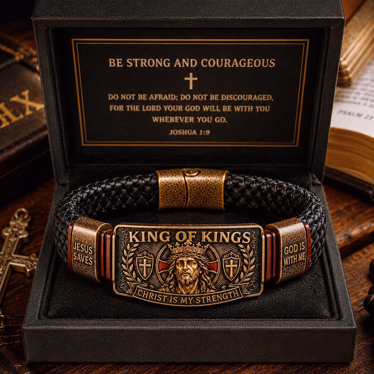 🔥 LAST DAY 50% OFF – ✝️3D Engraved Christ Is My Strength Bracelet, Faith-Forged Metal & Braided Band, Spiritual Reminder for Christian Dads