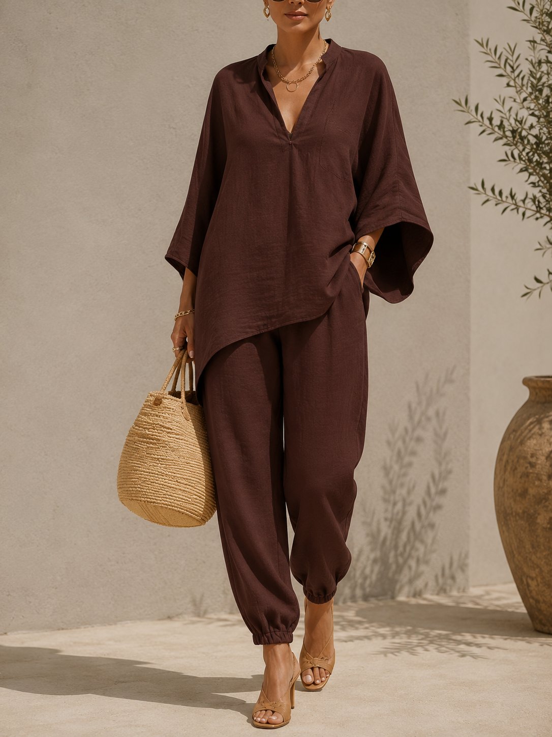 🔥LAST DAY 57% OFF -  Plus Size Linen Blend V-Neck Relaxed Sleeve 2-Piece Set 💕 Flattering On Every Body 🌟 Buy 2 Free Shipping!