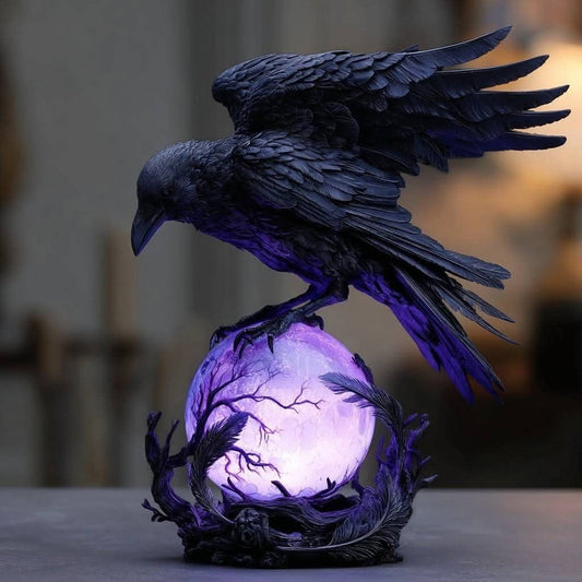 “Raven’s Moonlight” Gothic LED Lamp – Mysterious Crow on Glowing Orb Sculpture