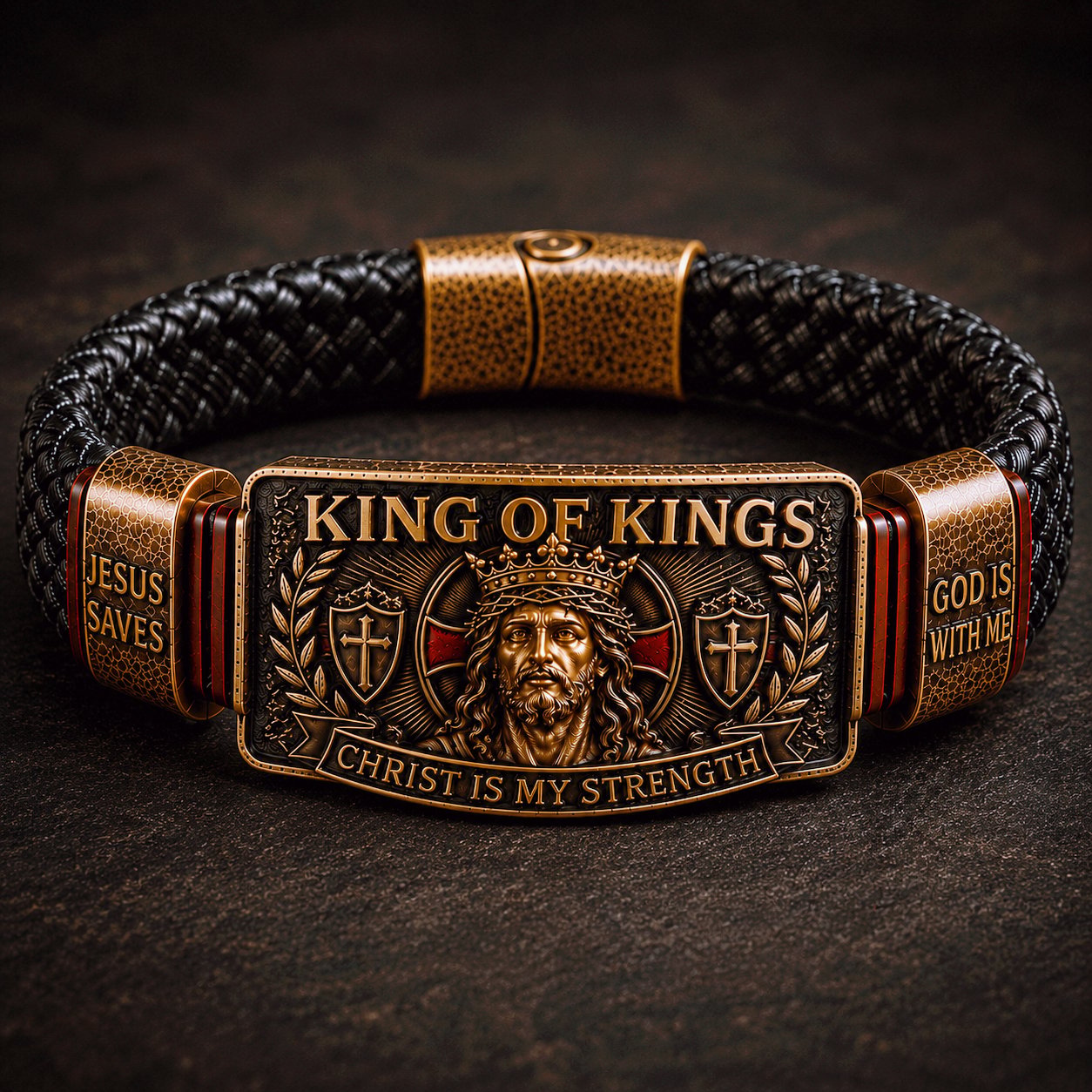 🔥 LAST DAY 50% OFF – ✝️3D Engraved Christ Is My Strength Bracelet, Faith-Forged Metal & Braided Band, Spiritual Reminder for Christian Dads