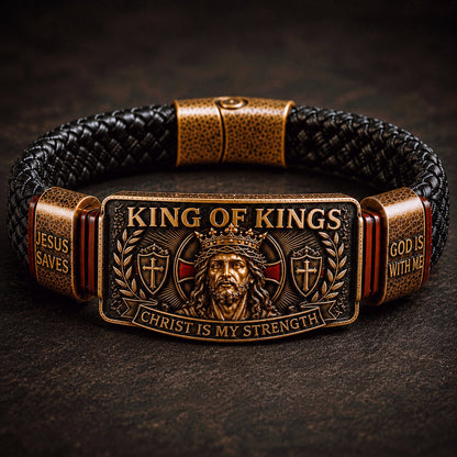 🔥 LAST DAY 50% OFF – ✝️3D Engraved Christ Is My Strength Bracelet, Faith-Forged Metal & Braided Band, Spiritual Reminder for Christian Dads