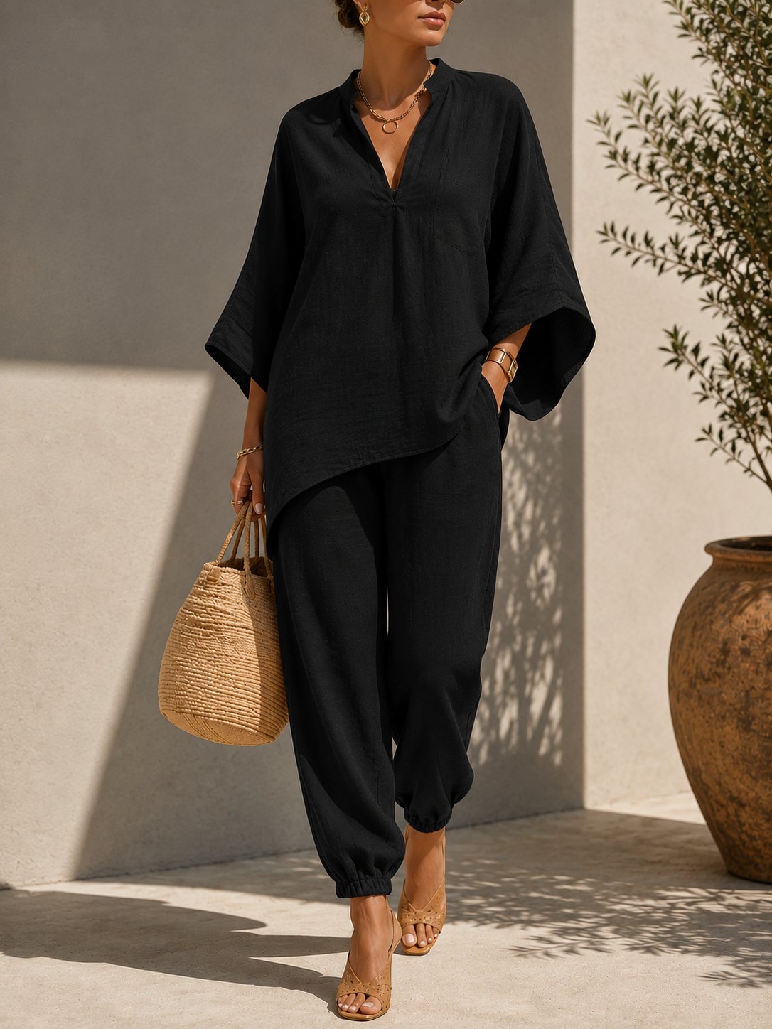 🔥LAST DAY 57% OFF -  Plus Size Linen Blend V-Neck Relaxed Sleeve 2-Piece Set 💕 Flattering On Every Body 🌟 Buy 2 Free Shipping!