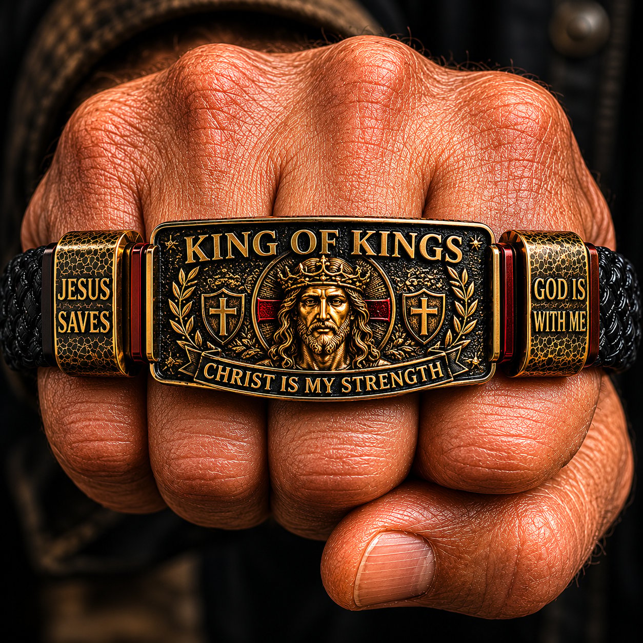 🔥 LAST DAY 50% OFF – ✝️3D Engraved Christ Is My Strength Bracelet, Faith-Forged Metal & Braided Band, Spiritual Reminder for Christian Dads