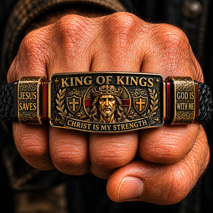 🔥 LAST DAY 50% OFF – ✝️3D Engraved Christ Is My Strength Bracelet, Faith-Forged Metal & Braided Band, Spiritual Reminder for Christian Dads